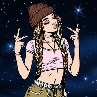 realistic teenage girl with braids and a beanie and crop top doing 🫶🏼
