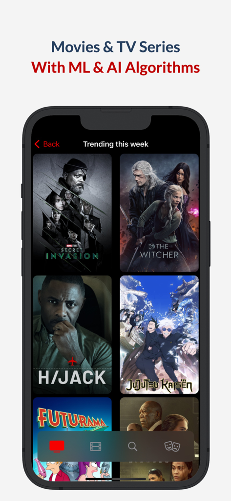 Flujo TV - Movies Finder - Flujo TV app interface showing a list of trending movies and TV series with AI recommendations