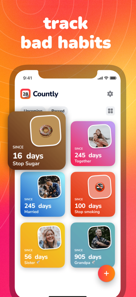 Countly: Countdown, Date Timer - Countly app interface showing colorful cards tracking days since starting new habits and major life milestones.