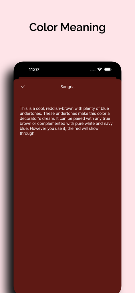 Random Color - Color Generator - A screen showing the description and characteristics of the color Sangria in the Random Color app.