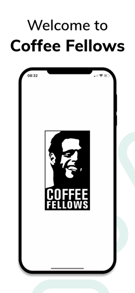 Welcome screen of the Coffee Fellows Malta mobile app featuring the brand logo on an iPhone