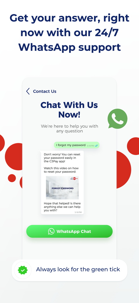 C3Pay App-Screenshot mit 24/7 WhatsApp Kundensupport-Chat