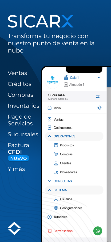 SICAR X Point of Sale - Smartphone mostrando el menú y el panel de control de la aplicación de punto de venta basada en la nube SICAR X.