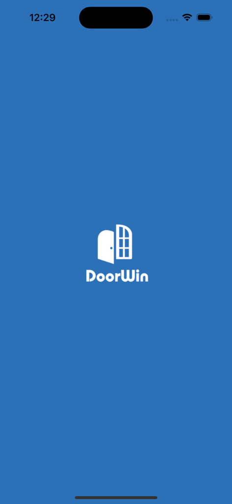 DoorWin PVC uPVC Aluminium - La pantalla de inicio de la aplicación DoorWin mostrando el logo sobre un fondo azul sólido
