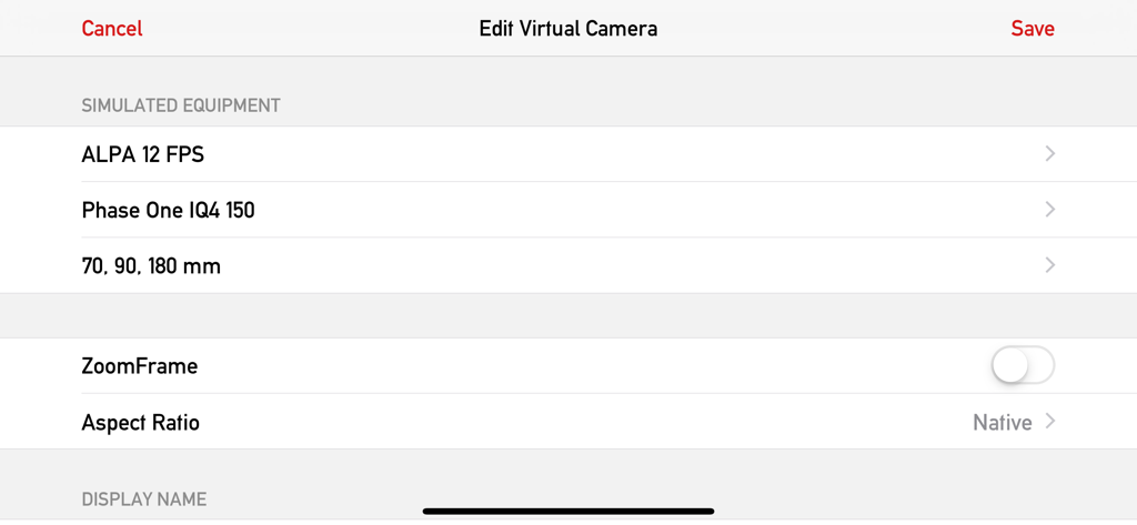Mark II Artist's Viewfinder - Interface of the Mark II Artist Viewfinder app showing the edit virtual camera screen with simulated equipment settings for ALPA and Phase One