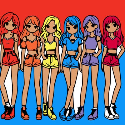 a group of girls wearing crop tops and shorts
