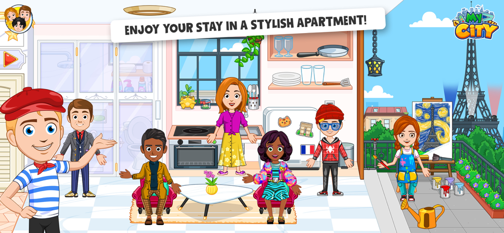 My City: Paris Family Trip - エッフェル塔が見える、スタイリッシュなパリのアパートのキャラクターたち