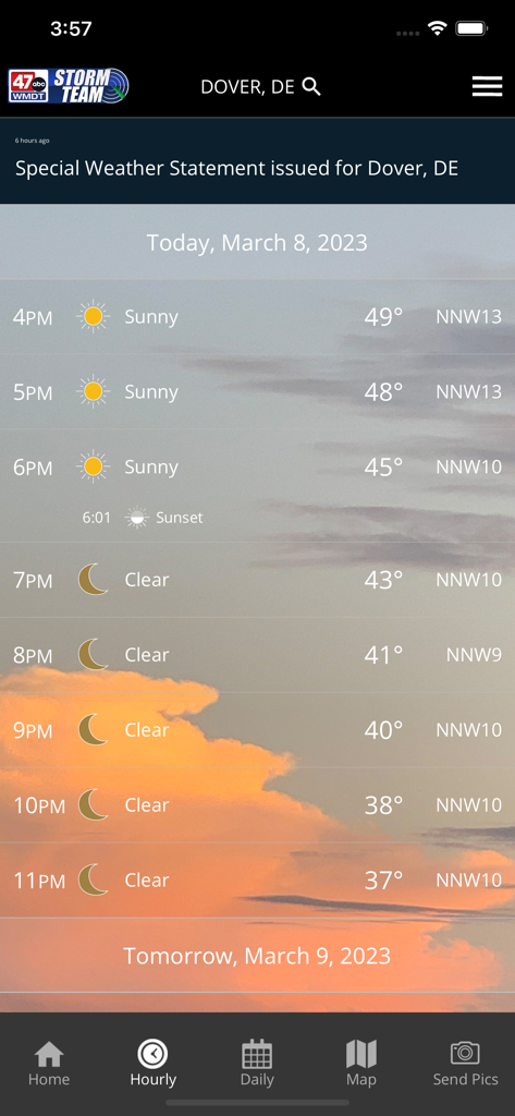 Hourly weather forecast screen for Dover Delaware on the 47abc Weather app showing sunny and clear conditions with wind speed and temperature