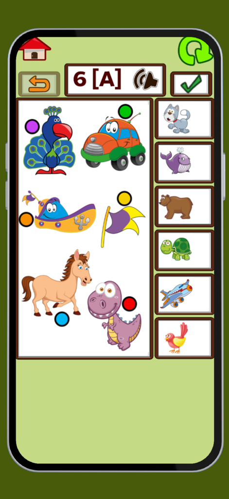 Matching game screen featuring cartoon animals and vehicles from the Arabic alphabets and words cards app