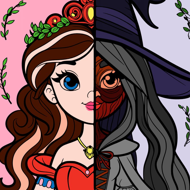 detailed realistic split of a princess and a witch