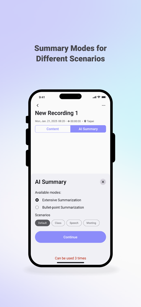 Litok: Record with AI summary - Litok app interface showing AI summary settings including extensive or bullet point modes and various recording scenarios like class and meeting.