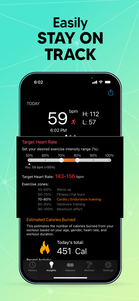 Cardiio app interface showing target heart rate zones for exercise and daily calories burned tracking