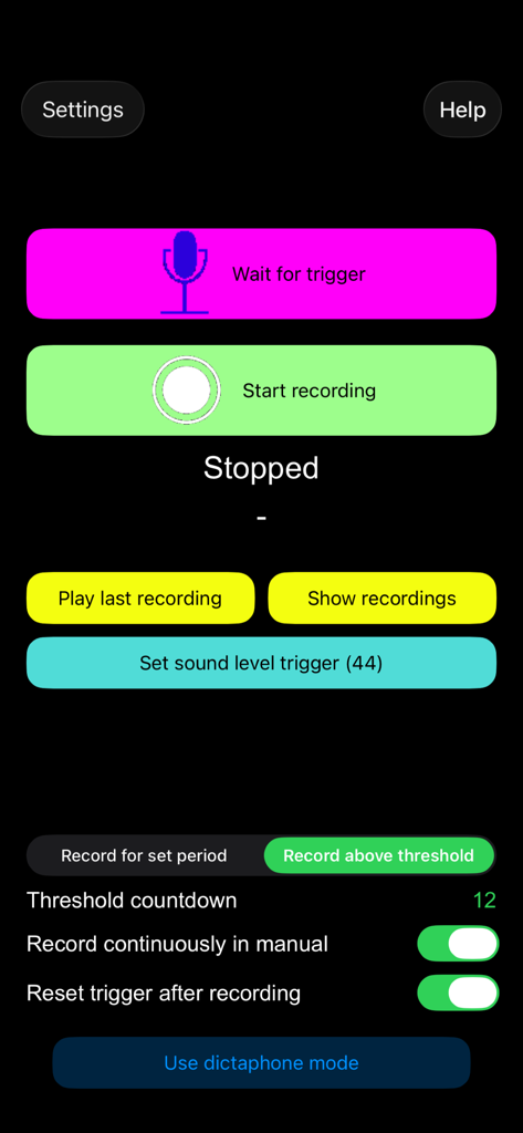 Audio Recorder with Trigger - Interface de l'application Enregistreur Audio avec Déclencheur montrant les paramètres d'enregistrement et de déclenchement
