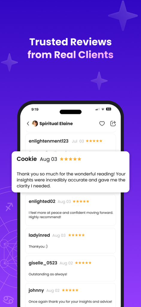Purple Garden Psychic Reading - Purple Garden app screen showing positive client reviews and five star ratings for a spiritual advisor