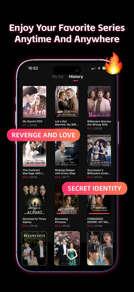 LoveShots - Dramas & Movies - Ein Mobiltelefon, das die LoveShots App-Oberfläche mit verschiedenen Kurz-Dramaserien-Titeln wie My Secret CEO und Billionaire Marries the Wrong Wife anzeigt.