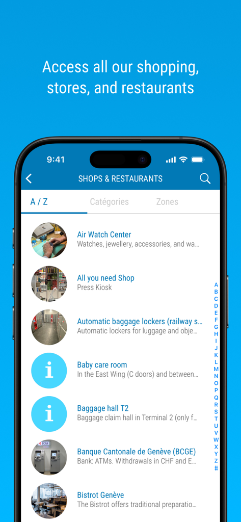 Directory di negozi e ristoranti nell'app mobile Geneve Aeroport