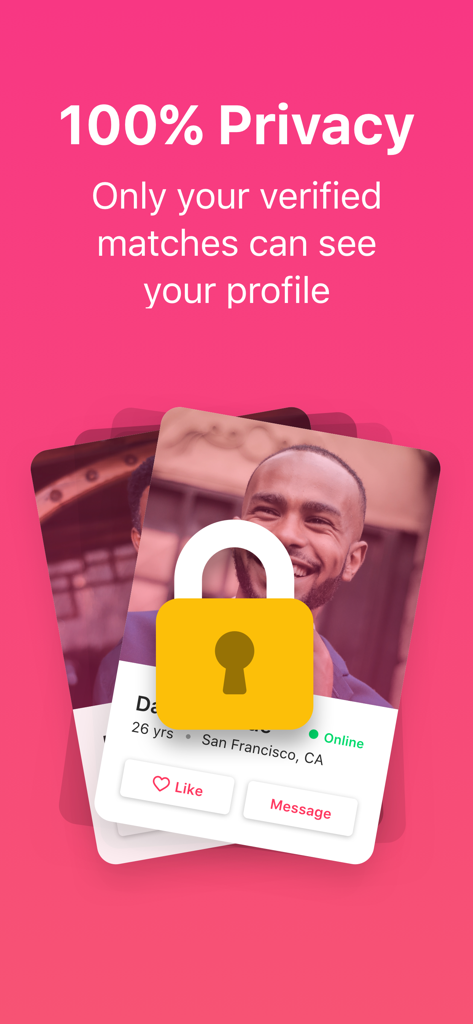 Kum Neger - Habesha Dating - A padlock icon over a dating profile card highlighting the 100 percent privacy feature of the Kum Neger app