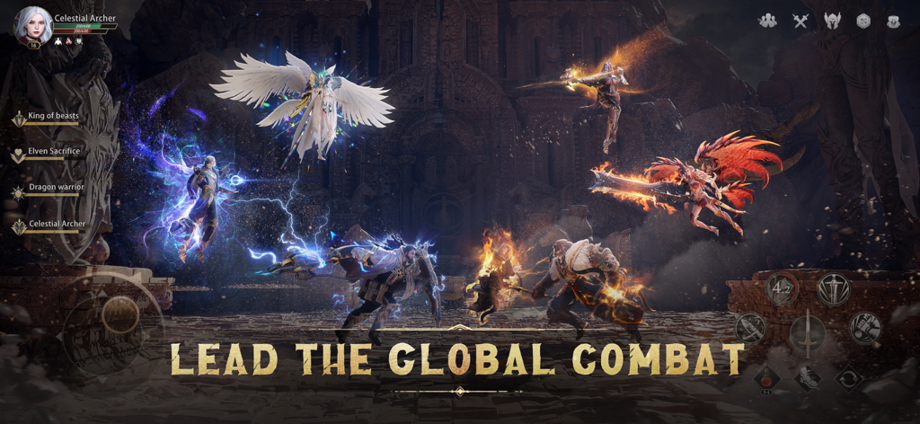 Epische Kampfszene, die verschiedene Charakterklassen in Flame of Valhalla Global mit dem Text "Lead the Global Combat" zeigt.