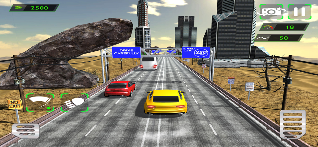 Yellow sports car driving on a city highway with skyscrapers and desert scenery in Racing Academy Legends 2025