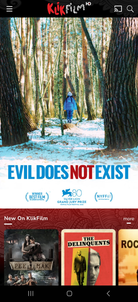 KlikFilm - KlikFilm mobile app interface featuring the film festival winner Evil Does Not Exist and a selection of curated world cinema