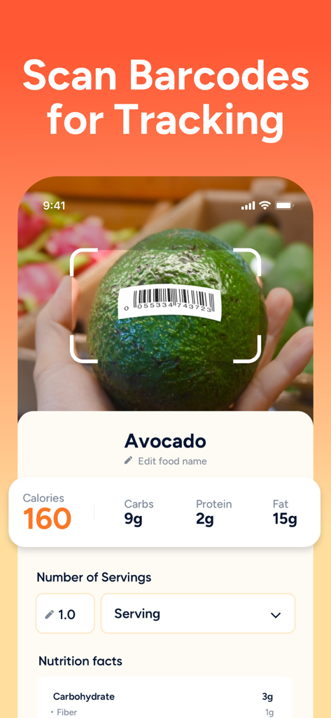 Eato®: Calorie Counter - A smartphone app interface scanning a barcode on an avocado to display calorie and nutrition information.