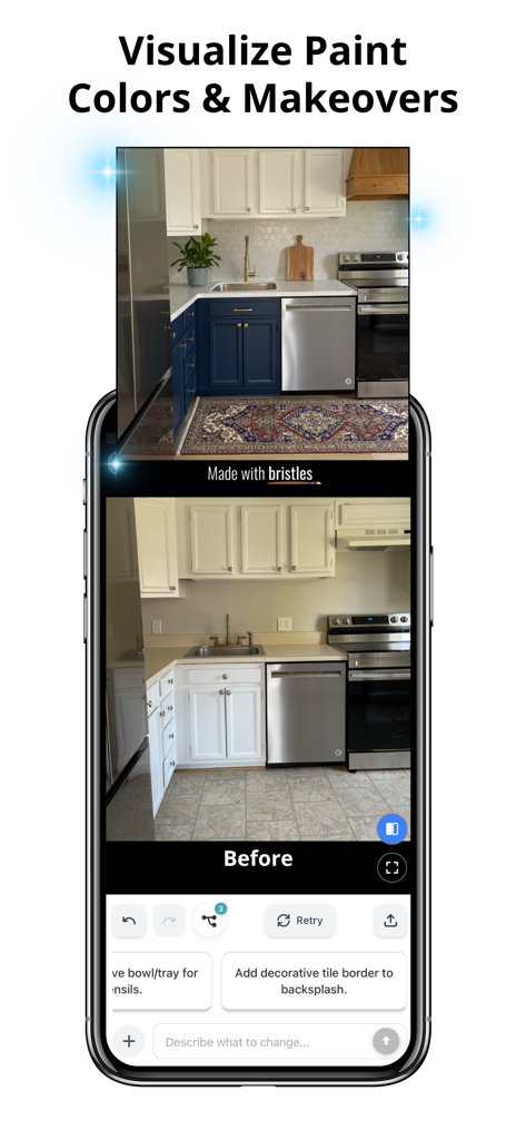 Bristles AI: Paint & Design - Vorher-Nachher-Vergleich einer Küchenrenovierungs-Mockup-Aufnahme mit der Bristles AI App.