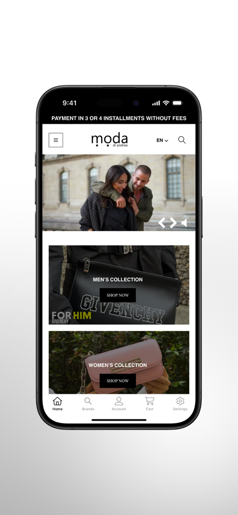 Moda di Andrea - Homepage dell'app mobile Moda di Andrea che mostra collezioni di lusso da uomo e da donna