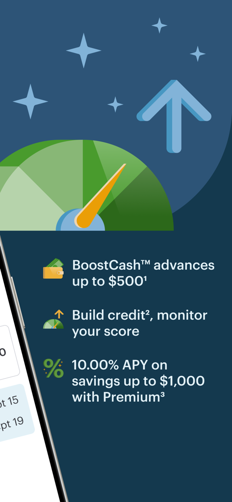 Marketing screen for Upgrade mobile banking app highlighting credit score monitoring, five hundred dollar cash advances, and ten percent APY savings features.