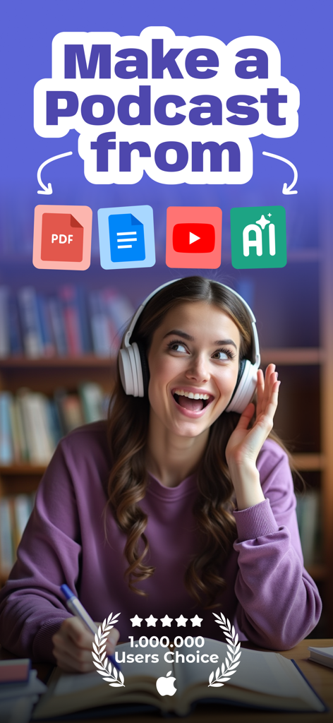 AI Podcast Maker - PODLM - Una mujer con auriculares ilustrando las funciones de la aplicación PODLM para crear podcasts a partir de fuentes de PDF y YouTube