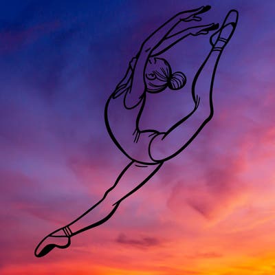 gymnast doing a leap in a leotard with a bent back leg