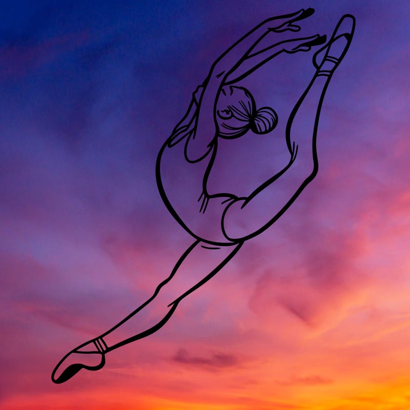 gymnast doing a leap in a leotard with a bent back leg