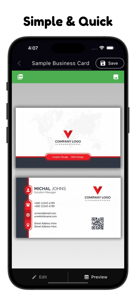 Business, Visiting Card Maker - ビジネスカードメーカーアプリのモバイルインターフェース。連絡先情報とロゴが表示されたプロフェッショナルな名刺レイアウトが表示されています。