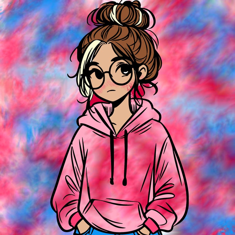 teen girl with a messy bun and glasses wearing a loose hoodie and jeans