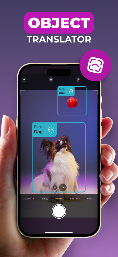 Un smartphone mostrando la función de Traductor de Objetos de IA identificando y traduciendo un perro y una pelota en tiempo real usando AR