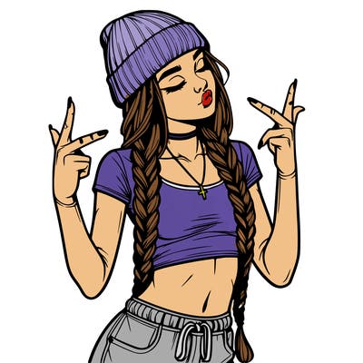 realistic teenage girl with braids and a beanie and crop top doing 🫶🏼