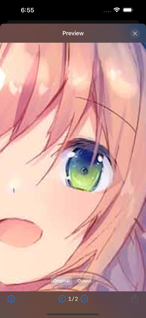 waifu2x - Una vista previa de cerca del ojo de una ilustración de anime en la aplicación waifu2x mostrando el resultado del escalado.