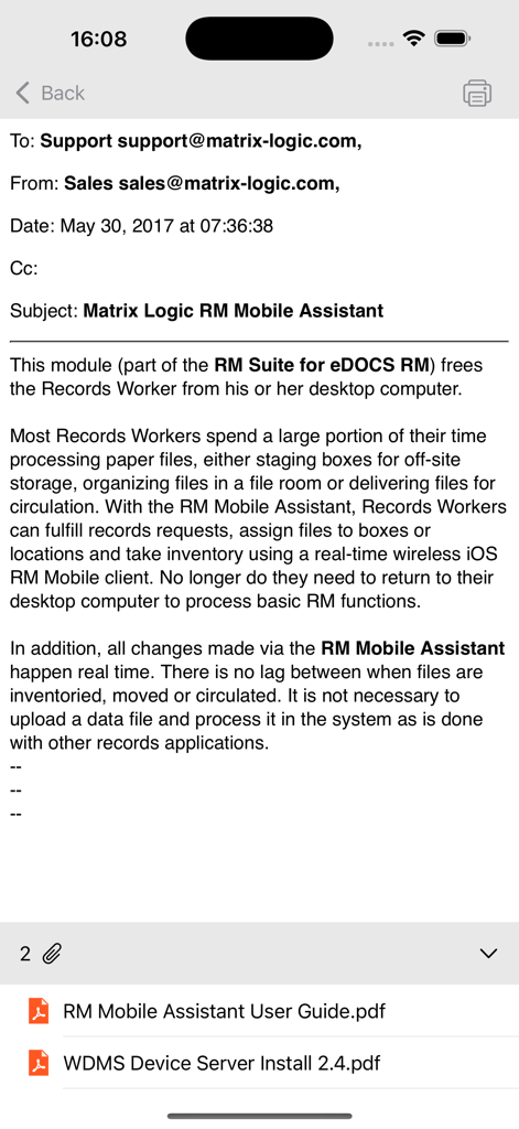 EML Viewer - Oberfläche der EML Viewer App, die eine archivierte E-Mail mit PDF-Anhängen auf einem mobilen Gerät anzeigt