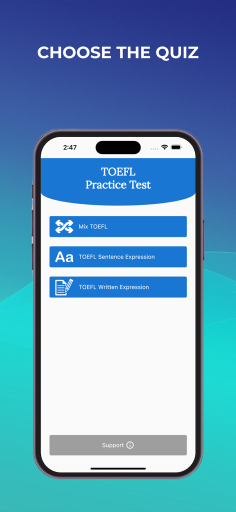 TOEFL Practice 2024 - TOEFL practice app screen showing quiz options for sentence and written expression