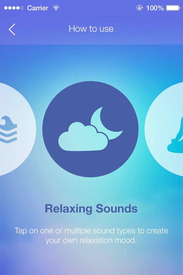 Calm Down Now™ - Interfaz de la aplicación Calm Down Now que muestra la función de Sonidos Relajantes con un icono de luna y nubes para ayuda al sueño.