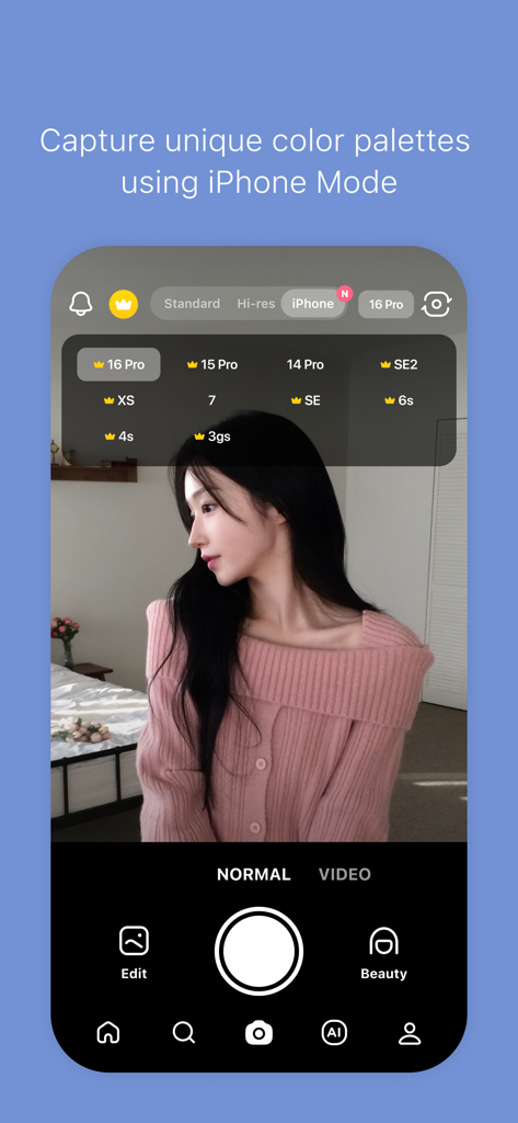 Une femme utilisant le mode iPhone de l'application SNOW pour sélectionner des palettes de couleurs d'appareils photo de différents modèles d'iPhone