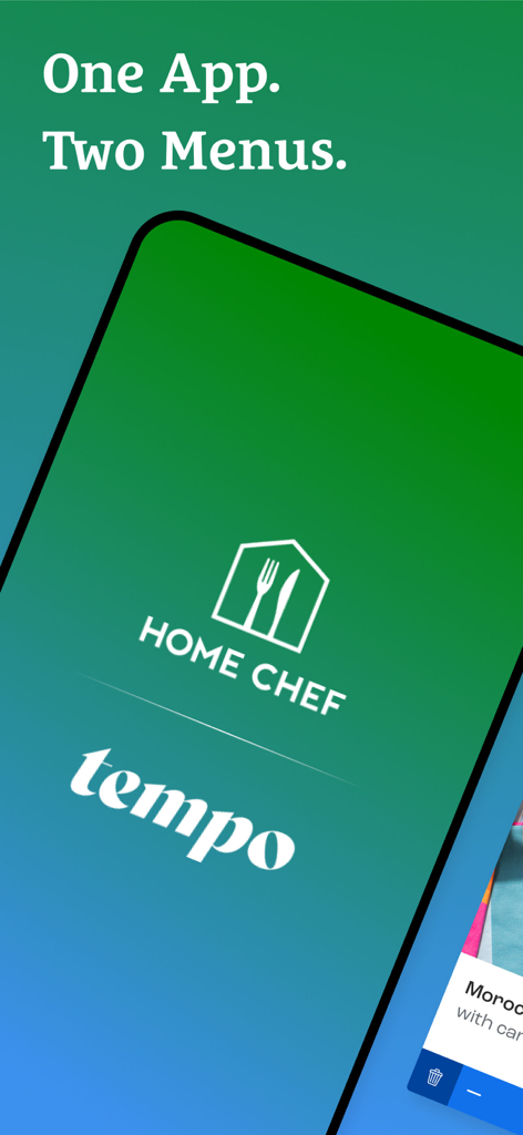 Home Chef app splash screen highlighting the dual offering of Home Chef and Tempo meal menus