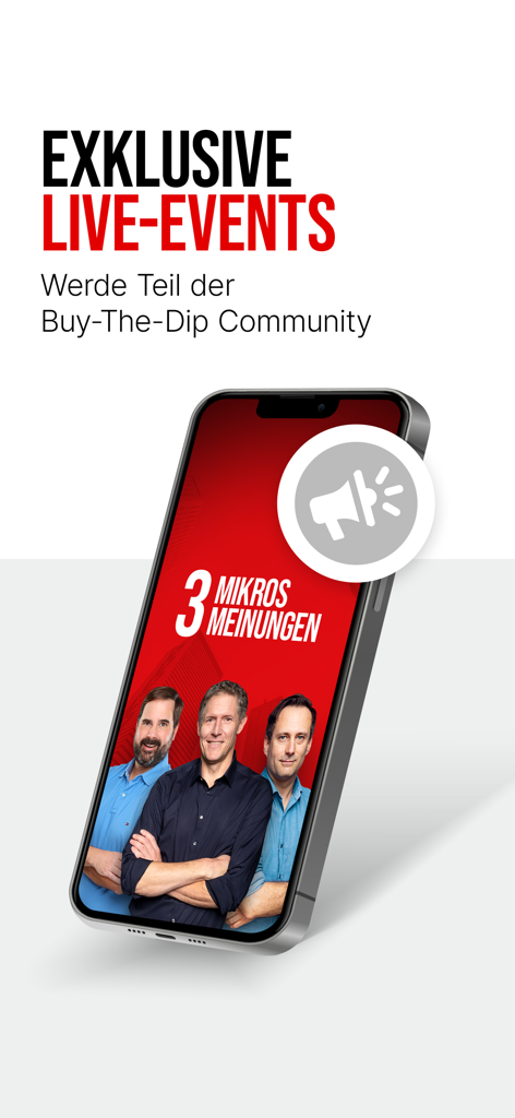 Buy The Dip - Smartphone-Bildschirm, der exklusive Live-Events und Community-Funktionen für die Buy The Dip Investment App anzeigt