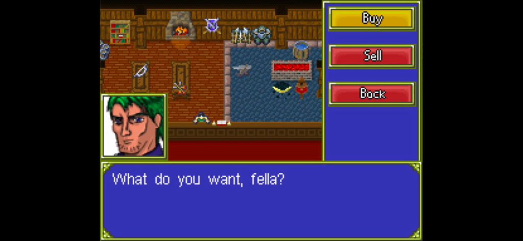 Partia - Pantalla de tienda retro en pixel art en Partia que muestra un personaje y botones de menú