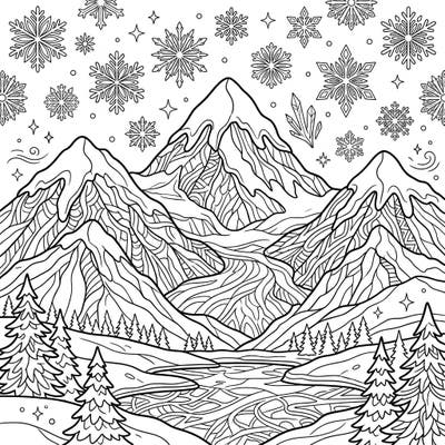 Immerse yourself in the serene beauty of a winter landscape with this intricate adult coloring page. Featuring majestic snow-capped mountains and a flurry of detailed snowflakes, it's perfect for a relaxing creative escape.