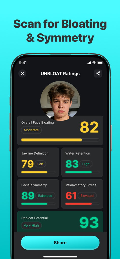 UNBLOAT AI: Debloat & Depuff - UNBLOAT AI app interface showing face bloating and symmetry analysis scores