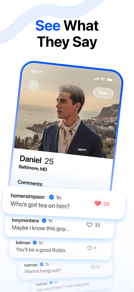 Un'interfaccia mobile per l'app Overheard che mostra un profilo di appuntamenti con commenti della community che chiedono tè e condividono esperienze