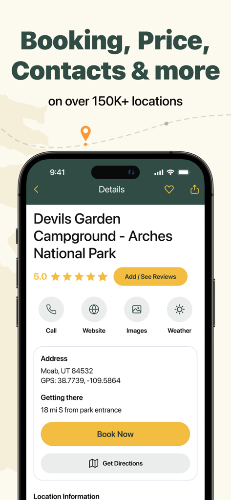 Screenshot of the AllStays app showing detailed information and booking options for a campground in Arches National Park
