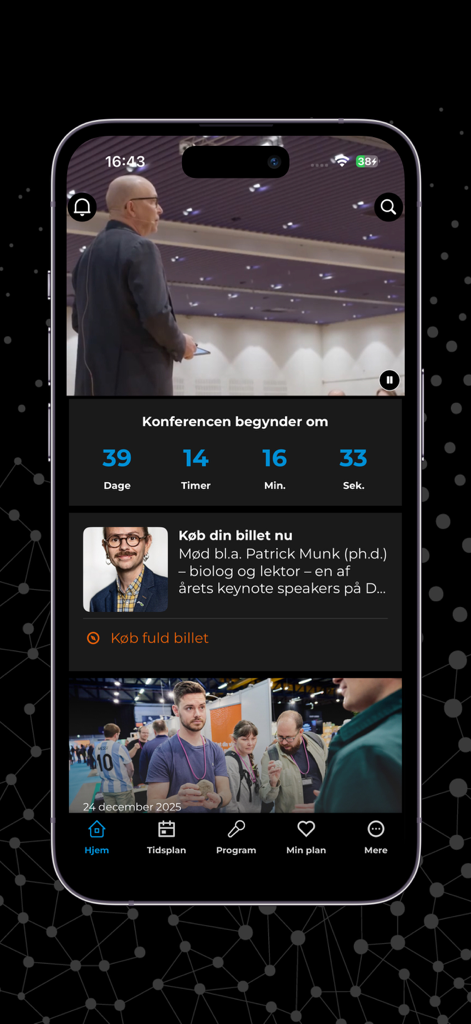 Big Bang - The home screen of the Big Bang app showing a countdown timer to the science conference and a profile of a keynote speaker.