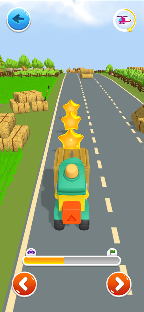 A colorful toy truck driving on a road and collecting stars in Leo Race Adventure