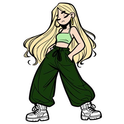girl in baggy pants crop top and long hair
